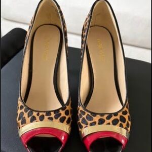 Nine West Leopard Print Peep-Toe Pumps with Red and Gold Trim